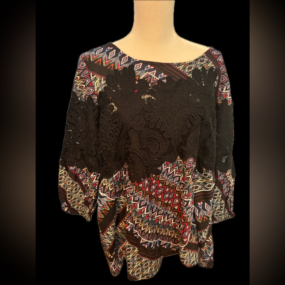 Vintage America 3/4 sleeve XL women’s top, boho blouse black lace NWT